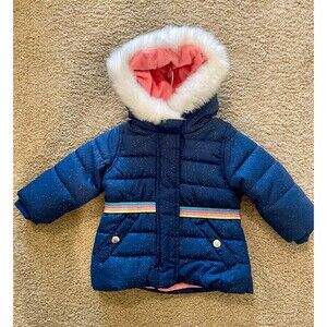 Carter's Navy Blue Size 12M Hooded Coat Ski Jacket Toddler Girl Faux Fur